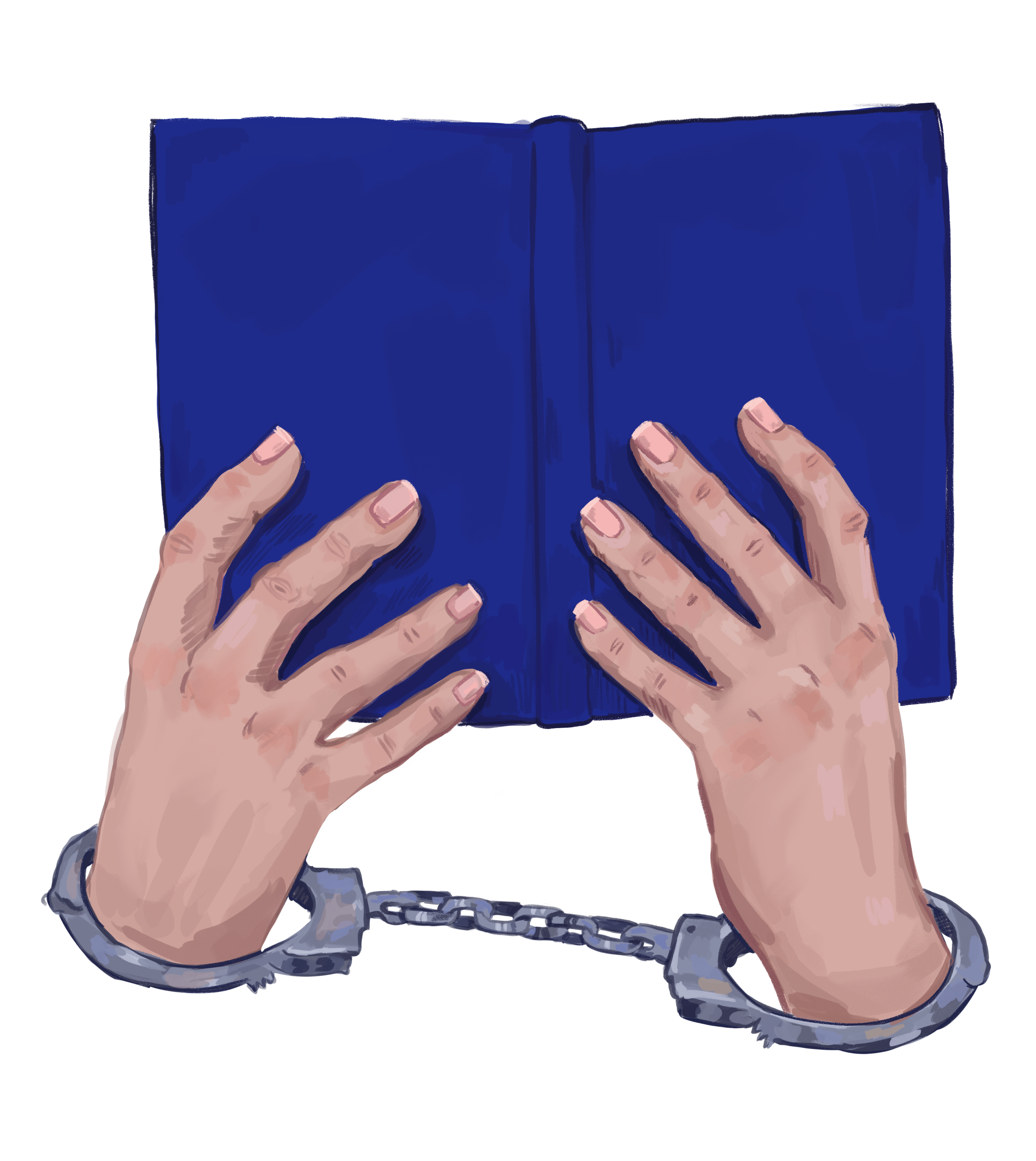 hands in handcuffs holding an open book
