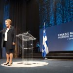 Parti Québécois leader Pauline Marois addresses her supporters in victory rally, minutes before fatal shooting. (Simon Poitrimolt / McGill Tribune)