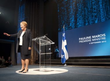 Parti Québécois leader Pauline Marois addresses her supporters in victory rally, minutes before fatal shooting. (Simon Poitrimolt / McGill Tribune)