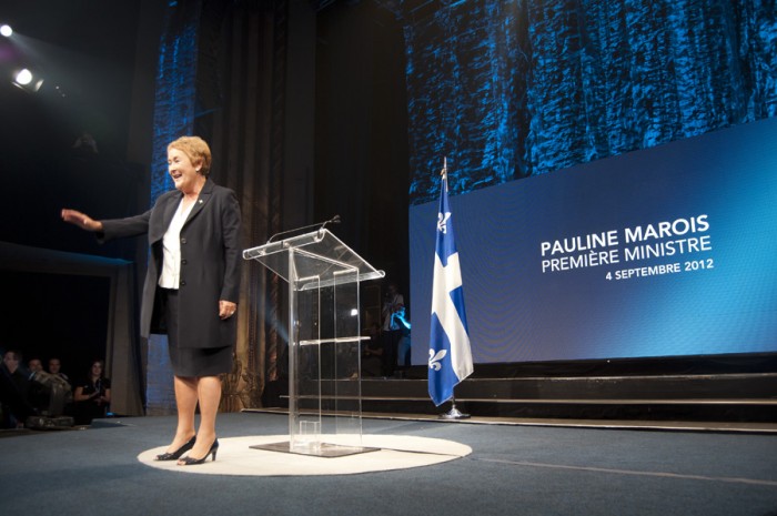 Parti Québécois leader Pauline Marois addresses her supporters in victory rally, minutes before fatal shooting. (Simon Poitrimolt / McGill Tribune)