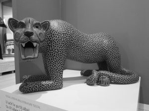 A Tseltal wood-carved jaguar greets visitors. (Carolina Millán Ronchetti / McGill Tribune)