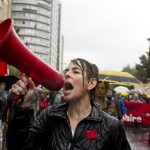 Despite the persistent rainfall, protesters marched downtown on Saturday Sept. 22 in a demonstration organized by Coalition Large de l’Association pour un Solidarité Syndicale Étudiante (CLASSE). (Luke Orlando / McGill Tribune)