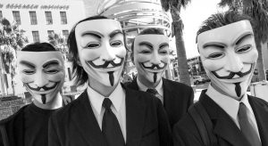 Members of Anonymous at a protest in Los Angeles. (Vincent Diamante / Wikipedia Commons)
