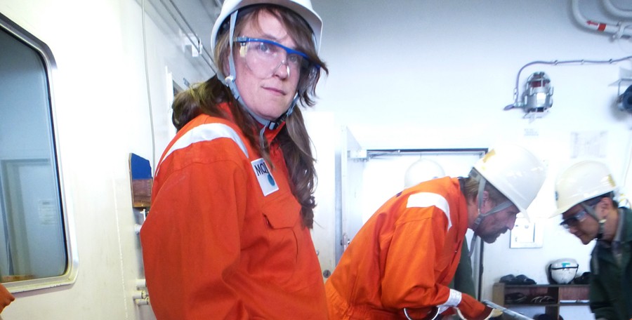 Rowe on the Chikyu waiting to recieve an 850 meter core from the Japanese fault. (James Kirkpatrick )