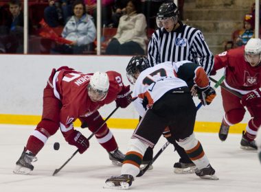 Marc-Olivier Vachon awaits the faceoff. (Jesse Conterato / McGill Tribune)