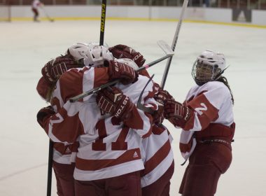 Mélodie Daoust celebrates with her teammates after scoring a goal. (Luke Orlando / McGill Tribune)