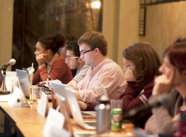 President Josh Redel, councillors, and Vice-President External Robin Reid-Fraser discuss M-SERT and Radio CKUT’s referendum questions. (Michael Paolucci / McGill Tribune)