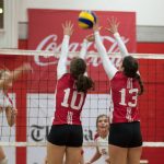 Plante and Hébert rise for the block against Memorial. (Simon Poitrimolt / McGill Tribune)