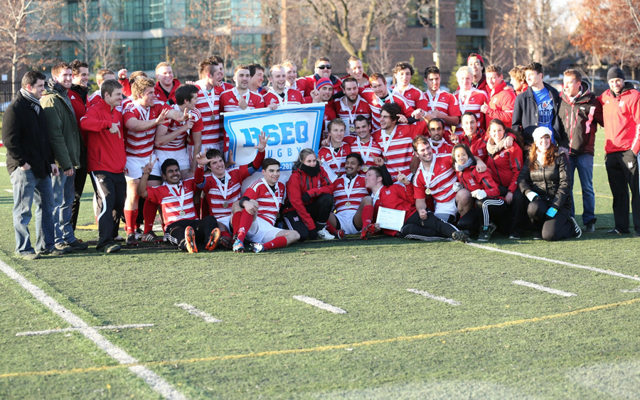 After winning six consectuive games, the Redmen celebrate another RSEQ championship. (Derek Drummond / McGill Athletics)