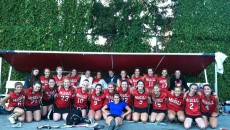 Caroline Lucas-Conwell (6) and Jessica Kras (22) pose with the rest of McGill’s women’s lacrosse team. (Photo courtesy McGill women’s lacrosse)