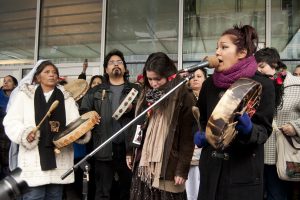The protest began with a drum circle. (Simon Poitrimolt / McGill Tribune)