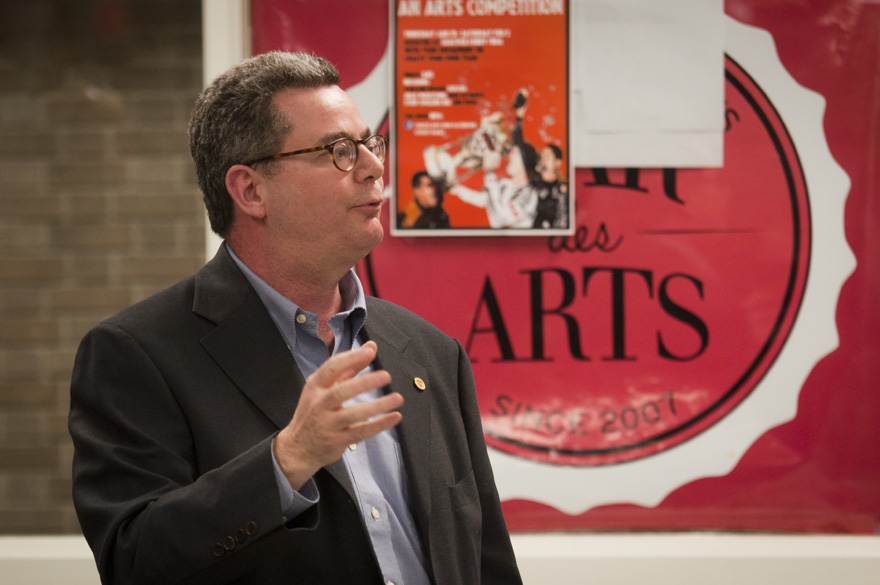 Dean Manfredi speaks to students about course reductions planned by the faculty. (Simon Poitrimolt / McGill Tribune)