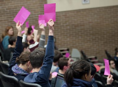 Students vote at the GA. (Simon Poitrimolt / McGill Tribune)