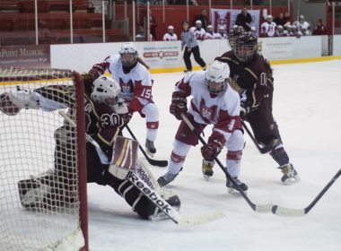 First-year forward Gabrielle Davidson (15) scored two goals in the Martlet victory. (Simon Poitrimolt / McGill Tribune)