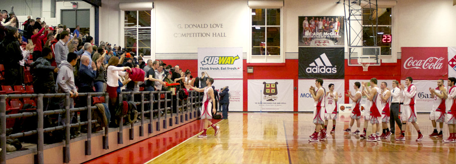 Fans greet Alexandar Mitrovic after his last regular season game as a Redmen. (Remi Lu / McGill Tribune)