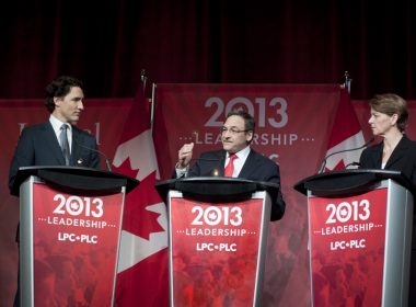 Liberal leadership candidates Trudeau, Cauchon, and Hall Findlay debate on Saturday. (Simon Poitrimolt / McGill Tribune)