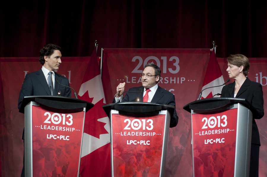 Liberal leadership candidates Trudeau, Cauchon, and Hall Findlay debate on Saturday. (Simon Poitrimolt / McGill Tribune)