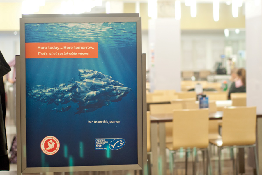 McGill Food and Dining Services advertises new, sustainable seafood options, now available at four of McGill’s cafeterias. (Simon Poitrimolt / McGill Tribune)