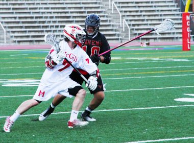 Jake Gutman of McGill Redmen lacrosse makes a play