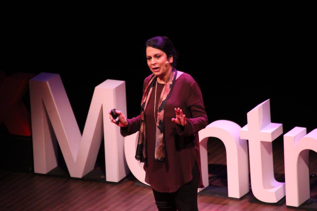 Juss Kaur speaks on religious tolerance. (Wendy Low / TEDx Montreal Women)